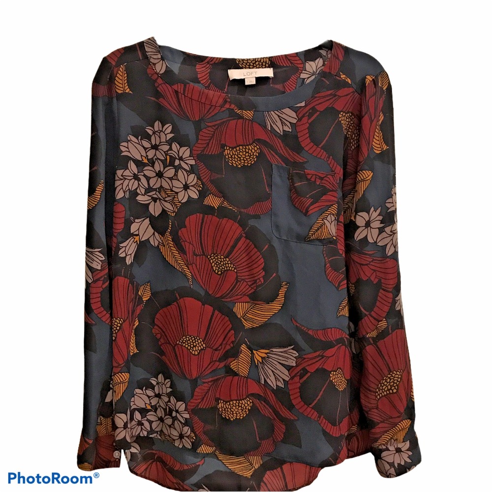 LOFT Floral Blouse Womens Hi-Lo Hem Pocket Roll Tab Sleeve Fall Autumn Sz Small